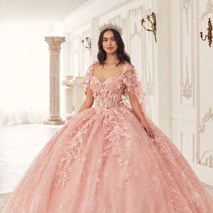 NEW FORMAL STRAPLESS QUINCEANERA BALL GOWN W/ REMOVABLE TULLE CAPE CD15719